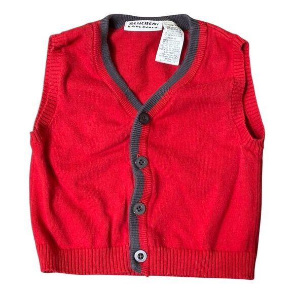 Blueberi Boulevard Boys Red Knit Cardigan Vest Grey Trim Buttons Size 2T - Picture 1 of 3